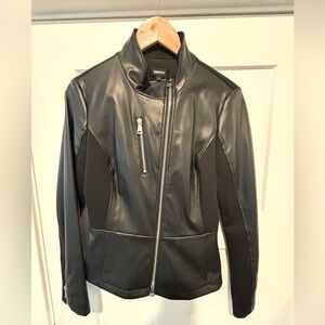 DKNY faux leather moto jacket, stand collar, stretch fabric panels, sz S